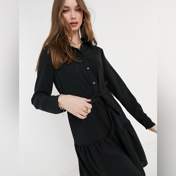 Women’s Dresses | tie waist tiered shirt dress in black - Picture 4 of 9